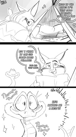 anthro blush dialogue duo fangs feral male male/male pillow smile tail tail_motion tailwag teeth text ottotopus disney zootopia gary_de'snake pawbert_lynxley felid feline lynx mammal reptile scalie snake absurd_res comic english_text hi_res monochrome