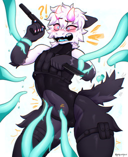 anthro arched_back armor battle belly belly_cutout belly_fetish belly_focus belly_poke black_body black_fur bodysuit bulge bulletproof_vest caught_off_guard clothed clothing curvy_figure cutout exposed_belly femboy fighting_pose fluffy flustered forced foreplay fur gun hair handgun horn knife male male/male military navel navel_fetish navel_poke pistol pose ranged_weapon restrained restrained_by_tentacles shaking shocked silencer skimpy skinsuit solo spread_legs spreading squirming surprised tactical tactical_gear teasing tentacles thick_thighs thigh_strap tickling tickling_belly tight_clothing trembling unconvincing_armor weapon white_body white_fur wide_hips goop_original flake_(goop_original) absurd_res hi_res