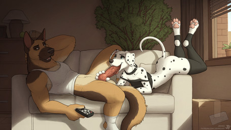 4_toes 5_fingers animal_genitalia animal_penis anthro anthro_penetrated black_spots bottomless bottomless_anthro bottomless_female bottomless_male breasts brown_body brown_fur butt canine_genitalia canine_penis claws clothed clothing collar controller digitigrade duo feet fellatio female female_penetrated fingers footwear fur furniture genitals hindpaw humanoid_hands knot legwear looking_pleasured male male/female male_penetrating male_penetrating_female markings on_sofa oral oral_penetration pawpads paws penetration penile penis penis_in_mouth pink_pawpads remote_control sex shirt socks sofa spots spotted_body spotted_fur tail tank_top thigh_highs toe_claws toeless_legwear toes tongue tongue_out topwear white_body white_fur jishinu canid canine canis dalmatian domestic_dog german_shepherd herding_dog mammal pastoral_dog 16:9 2023 hi_res widescreen