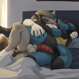 anthro balls bed blush bodily_fluids butt cuddling duo erection fur furniture genital_fluids genitals hair half-closed_eyes humanoid_genitalia humanoid_penis leaking_precum lying male male/male narrowed_eyes nude on_bed on_side open_mouth penis pillow pokemorph precum precum_string smile tail seibear nintendo pokemon canid canine canis generation_4_pokemon lucario mammal pokemon_(species) wolf 1:1 digital_media_(artwork) hi_res