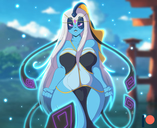 anthro bottomwear breasts clothing female fist loincloth magic mountain outside purple_eyes solo temple translucent translucent_clothing wide_hips mastergodai amphibian