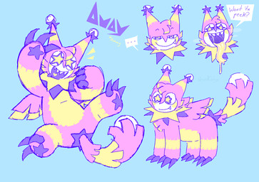 3_fingers 3_toes back_wings bodily_fluids cheek_spots chest_tuft claws countershade_torso countershading dialogue drooling ear_tuft ellipsis excited facial_markings feet female feral finger_claws fingers fluffy fluffy_tail fur head_markings head_tuft markings mask_(marking) multicolored_body multicolored_eyes multicolored_fur open_mouth pinata pink_body pointy_ears ruff saliva saliva_string sharp_teeth smug smug_expression smug_face smug_grin snaggle_tooth solo speech_bubble star_(marking) star_pupils striped_body striped_ears striped_markings striped_tail stripes tail tail_markings tail_tuft teeth text toe_claws toes tongue tongue_out tuft wings yellow_tongue vexedcalyx mythology animate_inanimate felid living_pinata mammal mythological_creature mythological_sphinx colored digital_drawing_(artwork) digital_media_(artwork) english_text hi_res