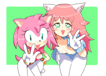 alternate_costume anthro biped blush border bottomwear breasts cleavage clothed clothing duo female fur gesture gloves green_background green_eyes hair hand_gesture handwear open_mouth open_smile pink_body pink_fur pink_hair simple_background smile standing star_eyes thick_thighs v_sign white_border white_bottomwear white_clothing white_gloves white_handwear wide_hips inkerton-kun sega sonic_the_hedgehog_(series) amy_rose animal_humanoid cat_humanoid eulipotyphlan felid felid_humanoid feline feline_humanoid hedgehog humanoid mammal mammal_humanoid character_request crossover digital_media_(artwork)
