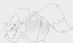 anthro breasts female genitals looking_at_viewer pussy smile smiling_at_viewer solo artply nintendo pokemon braixen canid generation_6_pokemon mammal pokemon_(species) absurd_res hi_res monochrome