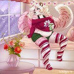 anthro belly beverage big_belly blonde_hair blue_eyes cheek_tuft clothed clothing eyelashes facial_tuft female fur hair holding_beverage holding_object inside legwear multicolored_hair navel overweight overweight_anthro overweight_female pattern_clothing pattern_legwear pink_body pink_fur pink_hair red_clothing red_legwear red_topwear sitting solo striped_clothing striped_legwear stripes topwear tuft two_tone_hair white_body white_clothing white_fur white_legwear window tiggybloom marzipan_(spottedtigress) felid mammal 1:1 2018 dated hi_res