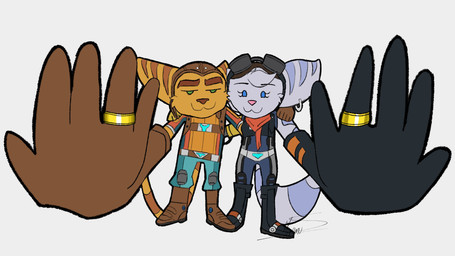 :3 anthro blue_eyes boots breasts brown_nose clothed clothed_female clothed_male clothing cybernetic_arm cybernetic_limb digit_ring duo eyewear eyewear_on_head female fluffy fluffy_tail footwear fur gloves goggles goggles_on_head green_eyes handwear jewelry male male/female markings pink_nose ring ring_(marking) ringed_tail shoes simple_background striped_body striped_fur striped_markings striped_tail stripes tail tail_markings thin_tail wedding_ring white_background white_body white_fur yellow_body yellow_fur maximuseditor ratchet_and_clank sony_corporation sony_interactive_entertainment ratchet_(ratchet_and_clank) rivet_(ratchet_and_clank) lombax mammal 16:9 hi_res widescreen