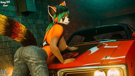 anthro black_hair bottomwear breasts brown_body butt car claws clothed clothing countershade_border denim denim_bottomwear denim_clothing female fur green_hair hair jeans muscle_car nipples orange_body pants smile solo tail text vehicle white_body foxibiki annoad_(modeler) dodge_(brand) dodge_charger mopar stellantis_n.v. yifftember25 vega_(artica) ailurid mammal red_panda 16:9 3d_(artwork) blender_(artwork) blender_cycles_(artwork) digital_media_(artwork) english_text hi_res widescreen