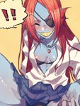 blouse blue_body blue_skin blush bra clothed clothing eye_patch eyewear female fin hair open_clothing open_shirt open_topwear panties piercing red_hair ring shirt smile solo spread_legs spreading topwear underwear white_clothing white_shirt white_topwear pugthe2ro undertale undertale_(series) undyne animal_humanoid fish fish_humanoid humanoid marine marine_humanoid 3:4 hi_res