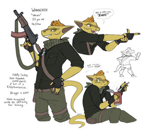 ak_platform aks-74u anthro assault_rifle bandolier bottomwear can clothed clothing container cutlery dialogue eating facial_markings finger_guns fingerless_gloves food gloves green_eyes gun hair handwear head_markings holding_gun holding_object holding_ranged_weapon holding_rifle holding_weapon kerchief kitchen_utensils male markings neckerchief neckwear orange_hair pants ranged_weapon rifle shirt simple_background sitting smile solo spoon standing tail tapering_tail text tools topwear weapon white_background yellow_body skalamari project_silverfish the_wanderer_(project_silverfish) inheritor lizard reptile scalie english_text hi_res