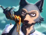 anthro blue_body blue_fur blue_sky clothing cloud dripping fangs frown fur glistening glistening_lips glistening_nose lips male paint scowl shirt sky snout solo t-shirt tan_body tan_fur teeth teeth_showing topwear white_clothing white_shirt white_topwear dregadude beastars legoshi_(beastars) canid canine canis mammal wolf redraw