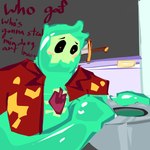 aloha_shirt anthro bathroom bathtub belly blush bodily_fluids bone bulimia clothing commentary eating_disorder heart_symbol hunched_over lmao male melee_weapon pattern_clothing pattern_shirt pattern_topwear rib_cage shirt shower_curtain skull soap solo sword tired toilet topwear vomit weapon coneyeaa goo_creature goo_humanoid humanoid 1:1 2025 digital_media_(artwork) half-length_portrait hi_res portrait