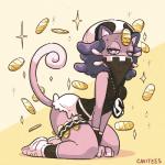 anthro anthrofied bottomwear clothed clothing coin eyelashes female footwear fully_clothed hair half-closed_eyes kerchief kneeling narrowed_eyes pokemorph purple_eyes shoes shorts solo cavitees nintendo pokemon team_skull grunt_(pokemon) skull_grunt alolan_form alolan_meowth felid generation_7_pokemon mammal pokemon_(species) regional_form_(pokemon) 1:1