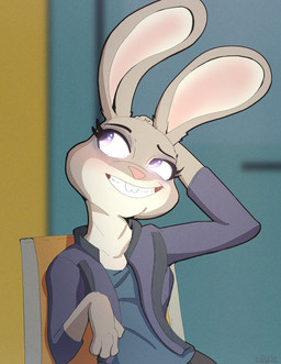 anthro bottomwear buckteeth chair clothing female fur furniture grey_body grey_fur jacket multicolored_body multicolored_fur pants purple_eyes shirt sitting solo teeth topwear two_tone_body two_tone_fur doylecoati disney zootopia judy_hopps lagomorph leporid mammal rabbit 2025 absurd_res digital_media_(artwork) hi_res
