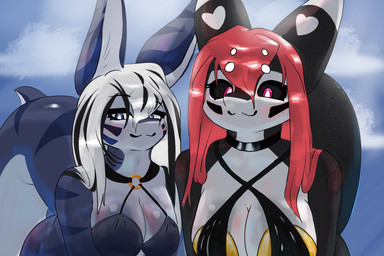 anthro bedroom_eyes bikini bikini_top blush choker clothing duo eyelashes female freckled_ears freckled_face freckled_shoulders freckled_tail freckles gills gold_bikini jewelry leaning leaning_forward long_eyelashes looking_at_viewer markings narrowed_eyes necklace o-ring seductive speckle_freckles standing_over swimwear tail two-piece_swimsuit waffled_vixen olivia_(waffledvixen) aquatic cetacean dolphin fish mammal oceanic_dolphin orca shark toothed_whale 3:2 absurd_res hi_res