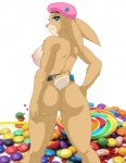 anthro bean belt beret blue_eyes breasts butt candy clothing dessert female fluffy food hat headgear headwear holidays jelly_bean lollipop looking_at_viewer looking_back nipples nude pose side_boob simple_background smile solo white_background desingahv easter hop_(movie) illumination_entertainment hop pink_berets lagomorph leporid mammal rabbit