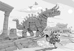 anthro biped clothed clothing detailed_background dipstick_tail humanoid_hands machine markings outside quadruped ruins sun tail tail_markings walking weapon wings ryo_yambe mythology canid canine dragon fox mammal mythological_creature mythological_scalie robot scalie 2023 absurd_res hi_res monochrome