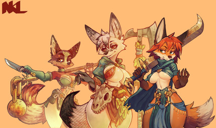 anthro axe belt bottomwear breasts clothing collar female flail fluffy fluffy_tail giant_weapon group holding_melee_weapon holding_object holding_weapon hoodie knife loincloth melee_weapon skirt skull_accessory standing studded_collar studs sword tail thick_thighs topwear trio under_boob weapon wide_hips sozhoy_nkl_(artist) canid canine fox mammal red_fox true_fox absurd_res hi_res