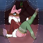 anthro bed bedroom_eyes brown_body brown_fur clothing female fluffy_coat fur furniture holidays holly_(plant) legwear mistletoe narrowed_eyes pink_body pink_fur plant pose seductive simple_background solo stockings skellyroon christmas poppy_(skellyroon) mammal procyonid raccoon 1:1 hi_res pinup shaded simple_shading