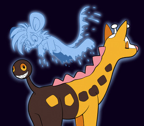 antlers brown_body brown_fur buckteeth duo eyes_closed fur glowing glowing_body horn male markings mouse_tail orange_sclera pink_nose sharp_teeth smile teeth whisker_markings yellow_body yellow_fur trevor-fox nintendo pokemon trevor-fox_(character) generation_2_pokemon ghost girafarig mammal mouse murid murine pokemon_(species) rodent spirit nonbinary_(lore)