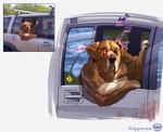 anthro brown_body brown_fur car floppy_ears fur inside_car inside_vehicle male muscular muscular_anthro muscular_male photo solo vehicle rappenem menacing_(meme) canid canine canis domestic_dog mammal hi_res meme photography_(artwork) reference_image