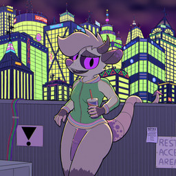 animal_genitalia animal_penis anthro biped cervine_genitalia cervine_penis city cityscape claws clothing cloud container cup fingerless_(marking) fingerless_gloves_(marking) forked_tongue genitals gloves_(marking) gynomorph holding_object horn intersex jacket markings neon_lights night open_mouth outside penis purple_nose purple_penis purple_sclera sign sky solo spade_tail tail teeth tongue topwear creature_sp spade_(creature_sp) american_opossum demon hybrid mammal marsupial 1:1 hi_res trans_(lore) trans_woman_(lore)