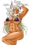 abs animal_ears big_breasts bikini blue_bikini blue_clothing blue_swimwear blush blush_lines breasts clothing dark_body dark_skin dialogue eyelashes female fur gesture gloves hair hand_gesture handwear heart_symbol huge_breasts long_hair looking_at_viewer muscular muscular_female navel red_eyes simple_background smile solo swimwear talking_to_viewer text thick_thighs two-piece_swimsuit v_sign white_background white_body white_clothing white_fur white_gloves white_hair white_handwear wide_hips gm_laz my_hero_academia rumi_usagiyama animal_humanoid humanoid lagomorph lagomorph_humanoid leporid_humanoid mammal mammal_humanoid rabbit_humanoid english_text hi_res