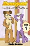 anthro armpit_hair body_hair brush canid canine canis comic cover cover_art cover_page domestic_cat domestic_dog duo english_text felid feline felis female flat_chested grape_jelly_(housepets!) housepets! male mammal peanut_butter_(housepets!) rick_griffin tail text third-party_edit towel towel_on_head