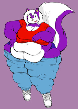 4_fingers anthro belly big_belly blue_eyes bottomwear breasts brown_nose cleavage clothed clothing deep_navel fangs female fingers fluffy fluffy_tail footwear fur hair happy heterochromia looking_at_viewer multicolored_body multicolored_fur navel obese obese_anthro obese_female open_mouth open_smile overweight overweight_anthro overweight_female pants pink_tongue purple_background purple_body purple_fur shirt shoes simple_background smile solo tail teeth tongue topwear white_hair yellow_eyes aquamix mike_and_melissa melissa_mouffette mammal mephitid skunk hi_res