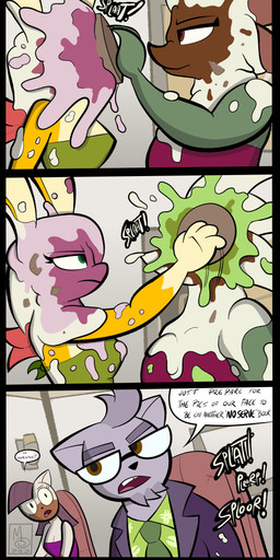 aloha_shirt anthro brown_eyes brown_hair clothed clothing dessert dialogue dress eyebrows eyewear facial_hair female food food_fetish food_fight food_play fur gap_teeth glasses goatee green_clothing green_dress green_eyes green_necktie grey_body group hair male necktie nonchalant onomatopoeia open_mouth pastry pattern_clothing pattern_shirt pattern_topwear pie_fight purple_clothing purple_dress purple_topwear purple_vest rabbit_ears red_hair sally-barros shirt simple_background sound_effects speech_bubble splat teeth text thick_eyebrows topwear tuft tuxedo_vest vest wearing_glasses white_body sebaku chloe_lloyd jelly-limos morning_draw_(sebaku) chinchilla chinchillid domestic_cat felid feline felis lagomorph leporid mammal rabbit rodent scalie absurd_res comic digital_media_(artwork) english_text hi_res