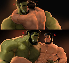 abs beard black_hair duo facial_hair fangs green_body green_skin hair humanoid_pointy_ears intimate kissing male male/male muscular muscular_humanoid muscular_male pecs pointy_ears sex size_difference teeth dopq human humanoid mammal orc absurd_res hi_res