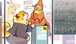 2_tails 4_toes anthro anthro_on_anthro balls biped black_nose clothed clothing crouching duo_focus erection eyes_closed feet fully_clothed fur genitals grin group handjob humanoid_genitalia humanoid_penis inside interspecies looking_up male male/male multi_tail open_mouth oral orange_body orange_fur pawpads penile penis pink_body pink_pawpads pink_penis pokephilia sex sitting size_difference smile store tail tan_balls tan_body tan_fur text toes yellow_body yellow_fur thezestiestbone nintendo pokemon background_character zesty_(zestibone) buizel canid canine canis domestic_dog generation_1_pokemon generation_4_pokemon mammal molosser mountain_dog pikachu pokemon_(species) saint_bernard slowpoke english_text hi_res signature