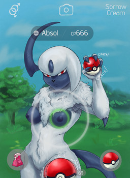 female fur gameplay_mechanics solo user_interface white_body white_fur sorrowcream nintendo pokemon pokemon_go absol generation_3_pokemon humanoid pokemon_(species) hi_res