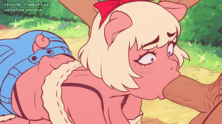 anthro balls big_breasts biped blonde_hair blush bottomwear breasts clothed clothing detailed_background duo eyebrows eyelashes fellatio female genitals hair male male/female oral oral_only outside penile penis penis_in_mouth pink_body sex thick_thighs topwear cyancapsule hmiokun emelie_(cyancapsule) domestic_pig mammal suid suine sus_(pig) animated short_playtime