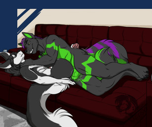 anal animal_genitalia anthro duo fluffy fluffy_tail furniture genitals lying male male/male on_side penis penis_tip sheath smile sofa tail jecsh canid canine mammal alpha_channel hi_res