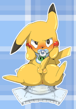 anus balls bib blush butt clothing diaper embarrassed erection feral foreskin genitals hand_on_face looking_at_viewer male open_diaper pacifier penis simple_background solo white_diaper doneru third-party_edit nintendo pokemon generation_1_pokemon mammal pikachu pokemon_(species) rodent 2015 censor_removal_edit