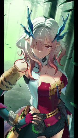 belt big_breasts bottomwear breasts can cleavage clothed clothing container fingerless_gloves forest gloves green_bottomwear green_clothing green_skirt hair hand_on_hip hand_on_own_hip handwear horn jacket looking_away markings mole_(marking) mole_on_breast mole_on_cheek multicolored_hair open_clothing open_jacket open_topwear plant pointy_ears prick_ears red_clothing red_shirt red_topwear shirt short_hair skirt smile tail topwear tree two_tone_hair undercut_hair white_clothing white_jacket white_topwear xinzhibifang arknights_endfield mi_fu_(arknights) horned_humanoid humanoid absurd_res hi_res signature