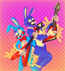 5_fingers anthro black_nose blue_body blue_fur bow_tie clothing dipstick_ears duo ear_markings electric_guitar eyelashes eyeshadow fingers freckles fur gloves guitar handwear head_tuft machine makeup male multicolored_ears musical_instrument open_mouth open_smile plucked_string_instrument purple_body purple_fur red_cheeks smile standing string_instrument teeth tongue tuft white_body white_fur imd0g five_nights_at_freddy's five_nights_at_freddy's_2 scottgames bonnie_(fnaf) toy_bonnie_(fnaf) animatronic lagomorph leporid mammal rabbit robot 2020 hi_res