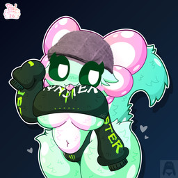 anthro big_breasts black_background black_clothing blep blush breasts bulge cheek_blush clothing crop_top crop_top_hoodie drop_shadow eyelashes fluffy fluffy_tail fur gesture gills glistening green_body green_fur gynomorph hat headgear headwear heart_symbol hoodie intersex looking_aside navel newsboy_cap outline oversized_clothing oversized_sleeves pink_gills salamander_tail shirt simple_background slightly_chubby smug smug_face smug_grin solo suggestive suggestive_gesture tail text thick_thighs tight_clothing tongue tongue_out topwear under_boob white_body white_fur white_heart white_outline wide_hips pixltheaxolotl monster_energy pixl_(pixltheaxolotl) amphibian aquatic axolotl felid feline mammal mole_salamander salamander absurd_res cel_shading hi_res shaded