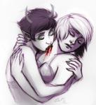 bite blonde_hair blood blood_in_mouth bodily_fluids canon_couple drinking drinking_blood duo eyes_closed female female/female hair horn not_furry zerotation homestuck ms_paint_adventures kanaya_maryam rose_lalonde alien alien_humanoid horned_humanoid human humanoid mammal troll_(homestuck) vampire monochrome sketch