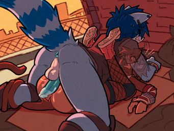 after_sex anthro anus arm_warmers armwear blue_body blue_fur blue_hair bodily_fluids bottomless bottomless_anthro bottomless_male brown_body brown_fur butt clothed clothing cum cum_in_vagina cum_inside cum_on_butt duo erection eyes_closed feet_up footwear fur genital_fluids genitals grin hair humanoid_genitalia humanoid_penis humanoid_vulva legwear looking_pleasured male markings open_mouth penis perineum shoes smile sneakers stockings striped_markings striped_tail stripes surprised tail tail_markings tan_body tan_skin vein veiny_penis vulva wide_eyed eyeball6300_(chiv) azura_(aimpunch) haplorhine mammal monkey primate procyonid raccoon hi_res