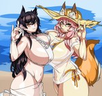 beach big_breasts bikini black_hair breast_to_breast breasts clothed clothing duo female female/female fox_shadow_puppet fur gesture hair huge_breasts inner_ear_fluff navel orange_body orange_fur orange_tail outside pink_hair sand seaside swimwear tail tuft two-piece_swimsuit yellow_eyes captainkirb azur_lane fate_(series) type-moon atago_(azur_lane) caster_tamamo-no-mae lancer_tamamo-no-mae animal_humanoid canid canid_humanoid canine canine_humanoid dog_humanoid fox fox_humanoid humanoid mammal mammal_humanoid 2023 absurd_res crossover digital_media_(artwork) hi_res