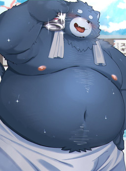anthro beard belly big_belly can container facial_hair kemono male mature_male moobs navel nipples overweight overweight_male solo towel towel_around_neck trail_arnak domestic_cat felid feline felis mammal 2025 hi_res