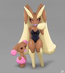 absurd_res anthro biped black_sclera blush breasts brown_eyes buneary clothing condom condom_in_mouth duo evolutionary_family female front_view generation_4_pokemon grey_background heart_eyes heart_symbol hi_res kalu_(pixiv) looking_at_viewer looking_back lopunny medium_breasts mouth_hold nintendo object_in_mouth pink_eyes pokemon pokemon_(species) rear_view sexual_barrier_device shiny_pokemon simple_background smile