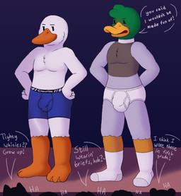 anthro barefoot beak black_waistband blue_boxer_briefs blue_clothing blue_underwear blush boxer_briefs boxer_briefs_only briefs bulge childish_briefs childish_underwear clothed clothing colored_seam_boxer_briefs colored_seam_briefs colored_seam_underwear confident crowd dialogue exasperation feathers feet footwear green_body green_feathers grey_body grey_feathers grey_seam_briefs grey_seam_underwear grey_text grey_waistband group insult laugh male orange_beak socks text tighty_whities topless underwear underwear_only waistband_stripe white_body white_briefs white_clothing white_feathers white_footwear white_socks white_text white_underwear gramy anas anatid anseriform anserine avian bird dabbling_duck duck goose mallard hi_res japanese_text story story_in_description