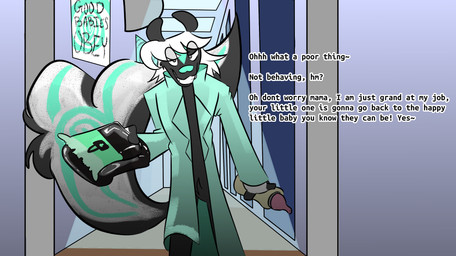 anthro baby_bottle black_body black_fur clothing coat dialogue diaper fur green_nose grey_eyes hair hospital_room hypnosis lab_coat latex latex_clothing latex_diaper lock_symbol logo_on_diaper looking_at_viewer looming looming_over male mind_control poster smug solo talking_to_viewer teal_nose text topwear white_hair hatchetskunk quilt_(hatchetskunk) mammal mephitid skunk english_text hi_res