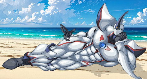 abs barazoku beach biceps big_muscles featureless_crotch green_eyes hand_on_side hand_under_chin hero horn huge_muscles licking lying male markings muscular muscular_humanoid muscular_male muscular_thighs nude on_side outside pecs sea shoulder_pads solo superhero tongue water white_body guzu_kuo yu-gi-oh! elemental_hero_neos alien alien_humanoid duel_monster humanoid mammal 2025 digital_drawing_(artwork) digital_media_(artwork) full-length_portrait portrait