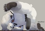all_fours anthro armpit_hair balls beard big_nipples black_pawpads black_pubes bodily_fluids body_hair clenched_teeth cum cum_drip dripping erection facial_hair frown genital_fluids genitals humanoid_genitalia humanoid_penis male nipples pawpads penis pubes raised_leg rear_view retracting_foreskin simple_background solo teeth three-quarter_view vein veiny_penis white_body rueybear bear mammal polar_bear ursine hi_res signature