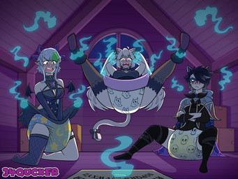 bodily_fluids breasts clothed clothing diaper diaper_change disembodied_hand embarrased_female embarrassed female genital_fluids ghost_hand group ouija_board trio unclean_diaper urine used_diaper wet_diaper 34qucker vtuber snuffy felid feline humanoid mammal 4:3