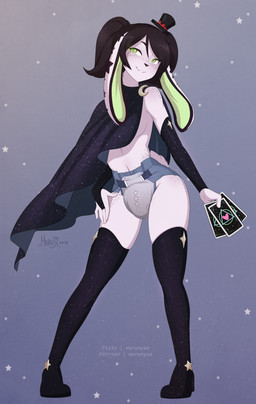 cape card clothed clothing diaper holding_card legwear magic_hat male simple_background solo stockings unclean_diaper used_diaper wearing_diaper merunyaa ryhn lagomorph leporid mammal rabbit hi_res