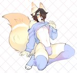 4_toes 5_fingers anthro arm_tuft black_nose blue_clothing blue_eyes blue_legwear blue_thigh_highs blue_topwear blue_underwear brown_eyebrows brown_hair bulge chest_tuft clothed clothing crossdressing ear_tuft eyebrows feet femboy fingers fluffy fluffy_tail fur hair hair_over_eye leg_tuft legwear male multicolored_body multicolored_ears multicolored_fur multicolored_tail navel nipples pink_nipples pupils shoulder_tuft smile solo tail tail_tuft thick_thighs thigh_highs thigh_tuft toes topwear topwear_lift tuft underwear white_body white_ears white_fur white_tail yellow_body yellow_ears yellow_fur yellow_tail vibestrike cali_(nastycalamari) canid canine fox mammal 2024 absurd_res digital_media_(artwork) hi_res signature